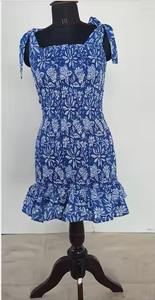 High Women's Ethnic Bohemian <b>Mini</b> <b>Dress</b> <b>Floral</b> Pattern Square Knot Straps Full <b>Shirring</b> Solid Square Neck Midi Length <b>Dress</b> - Product Image 3