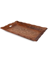 Plateau de sculpture jali en bois de Sesham avec incrustation de laiton Plateau de nourriture en bois rustique artisanat décoratif en bois pour la décoration de table