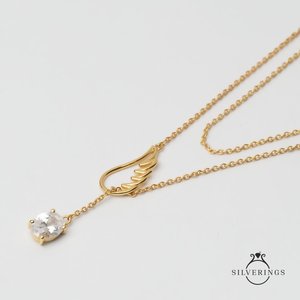 Collier Aigle Brisé en Argent Sterling 925 avec Ailes en Zircon Doré Serties Griffe pour Cadeau - Product Image 1