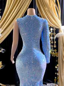 Bleu ciel fait à la main perlé parole longueur sirène robe de soirée strass appliques taille naturelle respirant maille tissu-luxe - Product Image 5