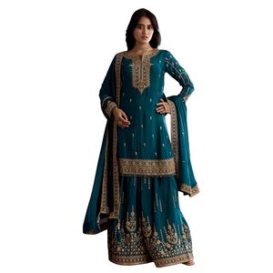 Zari bleu sarcelle perlé Kurta Palazzo Dupatta serti de paillettes vente en gros de vêtements ethniques pour femmes OEM vêtements en vrac d'usine - Product Image 1