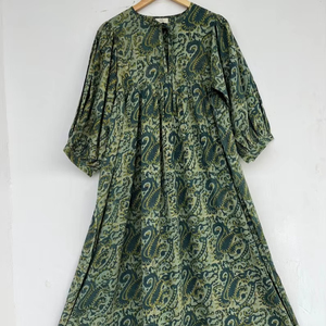 Bohemian Rayon Printed Maxi Dress Women Attractive V-Neck Long Sleeves Woven Button Beach Holiday Casual Outing Midi Length - Product Image 1