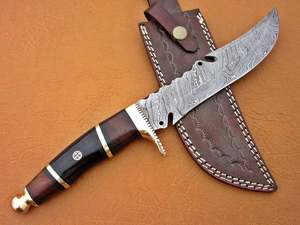 Couteau de chasse d'extérieur en cuir véritable Lame en acier damassé faite à la main avec manche en laiton palissandre Offre Spéciale OEM - Product Image 2