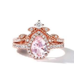 Ensemble de bagues de mariage Jeulia Halo en argent sterling avec morganite synthétique taille poire - Product Image 1