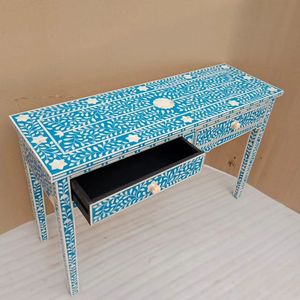 Incrustaciones de hueso hechas a mano únicas, consola de dos cajones, mesa con incrustaciones de hueso, gran capacidad, extensible para el hogar moderno, sala de estar al aire libre - Product Image 3