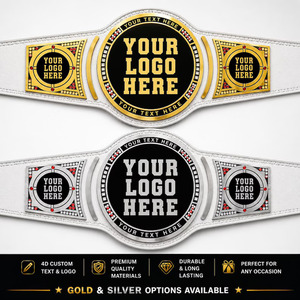 Ceinture de championnat de lutte personnalisée noire avec logo plaqué or et argent, espace pour personnalisation, fabrication artisanale sur mesure. - Product Image 4