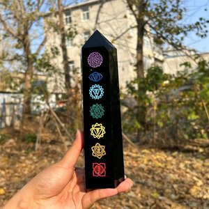 Vente en gros Obsidienne naturelle Chakra Symbole Obélisque Quartz Point Tour Cristal Décoration Feng Shui Pierres Précieuses Ciblées pour l'Amour - Product Image 3