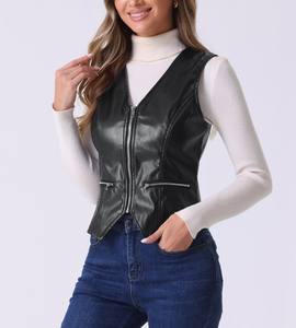 Haut femme tendance automne hiver veste en cuir solide col tournant manches longues respirant doublure en Satin personnalisable teint uni - Product Image 2