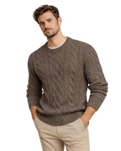Mens Brown Cable Knit Sweater Crew Neck Long Sleeve Winter Pullover Soft <b>Wool</b> Blend Casual Comfort Fit Knitwear Premium Style - Product Image 1