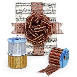 Ruban gros-grain rayé holographique floral solide avec fil transparent pour emballage cadeau de Noël et d'anniversaire, organza métallique scintillant - Product Image 1