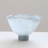 Bol en verre soufflé à la main Bixuan, bleu glace nuageux, grand bol à pied avec bord ondulé, pour fruits, centre de table décoratif, décoration intérieure