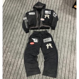 100% Cotton Flared Sweatsuit Oversized Hoodie Distressed Vintage <b>Sun</b> Faded Zip up Acid Wash Tracksuit for Men and Women - Product Image 1