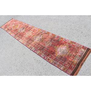 2.2x10.8 ft Turkish Rug, Vintage <b>Runner</b> Rug, <b>Red</b> Pink Check Wool Rug - Product Image 4