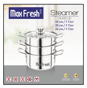 Maxfresh หม้อนึ่งสแตนเลส3ชั้นพร้อมฝากระจกทำความสะอาดง่ายทนทานสำหรับใช้ในบ้านสำนักงานวัสดุโลหะอบไอน้ำทำอาหาร - Product Image 2
