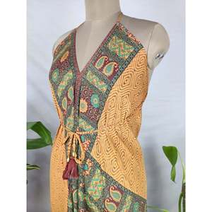 Magical Summer Boho Long Silk <b>Robe</b> Recycled Soie Halter Neckline with Tassel Decoration <b>Beach</b> Outfit - Product Image 2
