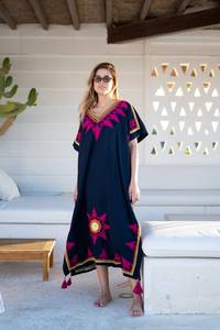 2025 été vacances élégant femmes caftan haut décontracté brodé col en V longue robe manches courtes cheville longueur dernier - Product Image 5