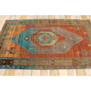 Alfombra Turca Vintage de 3.9x7 pies, Ecológica, Tradicional, con Parches, Base de Látex, Color Naranja y Azul Degradado, de Lana - Product Image 2