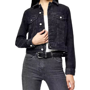 Chaqueta vaquera recortada a la moda para mujer, chaqueta vaquera de algodón negro lavado Vintage, cierre de botón, chaqueta vaquera personalizada para mujer - Product Image 1