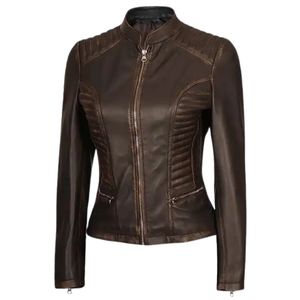Veste de moto en cuir véritable imprimée pour femme, décontractée, unie, à capuche, manches longues évasées, taille haute, style streetwear, en laine - Product Image 4