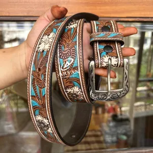 Luxury Cowboy leaf pattern embossed hand carved western leather tooled belt with heavy floral brass buckle