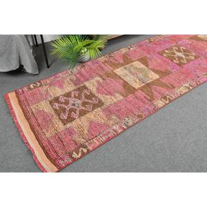 Vintage Turkish Kilim Rug 2.9 X 11ft Pink <b>Brown</b> Patchwork Design Flat Weave <b>Wool</b> with Latex Backing for Hallway Rectangle Space - Product Image 1