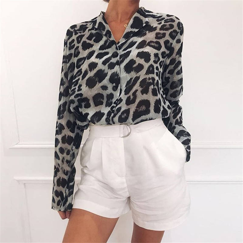 Lady Office Top Blouse Turn Collar Women's Casual Leopard Print
