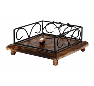 Dispensador de pañuelos planos de lujo, decoración de mesa de madera maciza, servilletero plano de hierro forjado y madera, mesa de comedor - Product Image 1