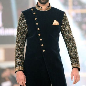 2022 vestido de Sherwani indooccidental con estilo de moda tela de terciopelo bordado Zardozi dorado pantalones transpirables trajes a juego de talla grande - Product Image 1
