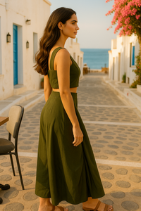 ชุดเสื้อครอปแขนกุดและกางเกงขายาวทรงกระโปรงผ้าโพลีเอสเตอร์ สไตล์หรูหราสำหรับใส่ในช่วงวันหยุดฤดูร้อนสำหรับผู้หญิง - Product Image 3