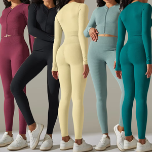 Ropa de gimnasio de yoga sin costuras acanalada de secado rápido para mujer Conjunto de mallas y sujetador de fitness de dos piezas sexy Patrón sólido - Product Image 6