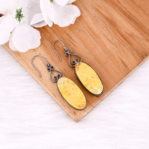 Women's Bohemian Style Brass <b>Bumble</b> <b>Bee</b> Jasper Stone Black Rhodium Drop Earrings Fashionable Gift for Weddings Engagements - Product Image 3