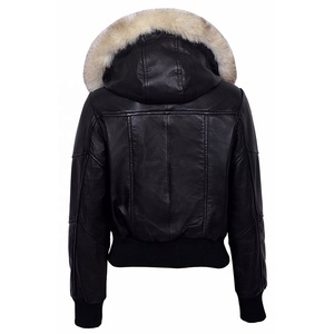 RIVIAN ATLANTIC Premium Chaqueta con capucha de cuero genuino negro para mujer, chaqueta de cuero estilo bombardero con capucha - Product Image 2