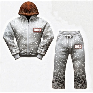 Ensemble de pantalons de survêtement à capuche pour hommes, imprimé à l'acide, style évasé, survêtement en coton épais avec fermeture éclair, logo en strass et décontracté - Product Image 1