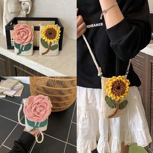 Sac à bandoulière en coton tissé au crochet pour femme, motif tournesol, style pastoral, avec doublure en polyester, tendance - Product Image 3