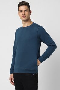 <b>Men's</b> Regular Fit Crew Neck Solid Color Knitted Sweatshirt Pullover Casual Style Autumn Wear 100% Cotton <b>Blue</b> - Product Image 3