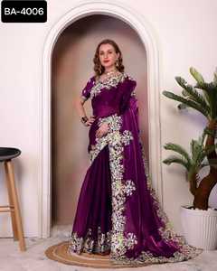 Saree en georgette lourde à usage traditionnel indien de créateur lourd avec codage multi-fils à broderie lourde et saree de travail à paillettes - Product Image 5