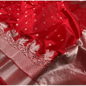 Regal <b>Red</b> Chanderi <b>Silk</b> Saree with Long Peacock Motifs - Product Image 1