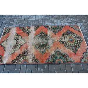 3.2x6.2 ft Rug, Turkish Vintage Rug, <b>Red</b> Blue Bordered <b>Wool</b> Rug - Product Image 3