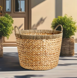 <b>Large</b> Handwoven Water Hyacinth <b>Storage</b> <b>Basket</b> with Natural Jute Trim and Handles for Laundry or Home Organization from Vietnam - Product Image 5