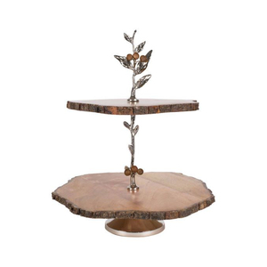 Soporte de madera para servir pasteles de 2 niveles Soporte de madera Premium para pasteles con soporte de hojas de plata de metal para el hogar o ocasiones especiales - Product Image 1