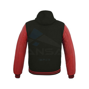 Custom <b>Men</b> Varsity Letterman Jacket with <b>Real</b> Leather Sleeves Wool Body Ribbed Comfortable <b>Black</b> Red Hoodie - Product Image 4
