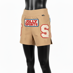 Shorts de sport pour femme en coton French Terry épais 300 GSM, beige clair, avec logo brodé en chenille. - Product Image 4