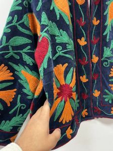 Bohemian Floral Embroidered Suzani Bomber Jacket 100% Cotton Velvet Medium Length Stand Collar Open <b>Stitch</b> Closure Elegant Women - Product Image 5