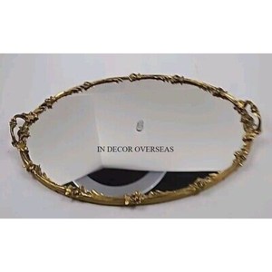 Bandeja de servicio de forma redonda de espejo de alta calidad estándar con marco de metal chapado en oro con asas Suministro de mesa de hotel y restaurante - Product Image 1