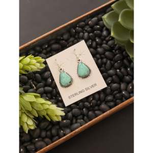 Vintage Navajo Handmade Drop <b>Earrings</b> <b>Black</b> Jack Turquoise & Sterling Silver Water Drop Shape - Product Image 3