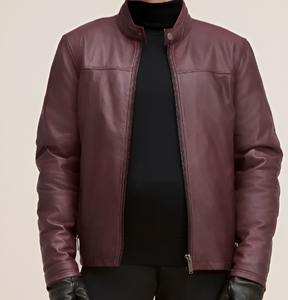 แจ็คเก็ตหนังแท้สี Burgundy สำหรับผู้ชาย สไตล์นักแข่ง ฤดูหนาว เป็นมิตรกับสิ่งแวดล้อม ระบายอากาศได้ดี ทรงเข้ารูป คอตั้ง สไตล์วินเทจ คาเฟ่ โมโต ไบค์เกอร์ เหมาะเป็นของขวัญ - Product Image 1