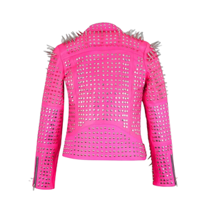 Chaqueta de Cuero 100% con tachuelas largas hechas a mano para mujer, chaquetas de moda de cuero genuino estilo motorista para mujer - Product Image 6