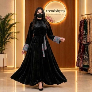 Luxury Designer <b>Black</b> Velvet Modest Abaya <b>Kaftan</b> Dress | Premium Micro-Velvet Long Maxis Solid Embroidered Cuffs | Trendsbycp - Product Image 1