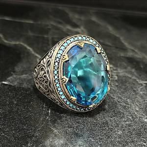 Anillo Floral Vintage Hecho a Mano para Hombre con Aguamarina Ovalada y Circonita Azul, Anillos de Plata de Ley 925 con Piedras Preciosas - Product Image 3