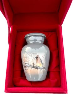 Urna decorativa gris para cenizas con caja de terciopelo rojo Urna de embalsamamiento de pájaros para cenizas humanas con mango Cenicero de madera para cenizas - Product Image 2